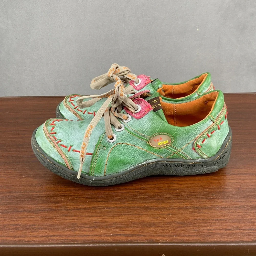 TMA Eyes Green Leather Whipstitch Lace Up Oxford Shoes Womens 7.5 EUR 38